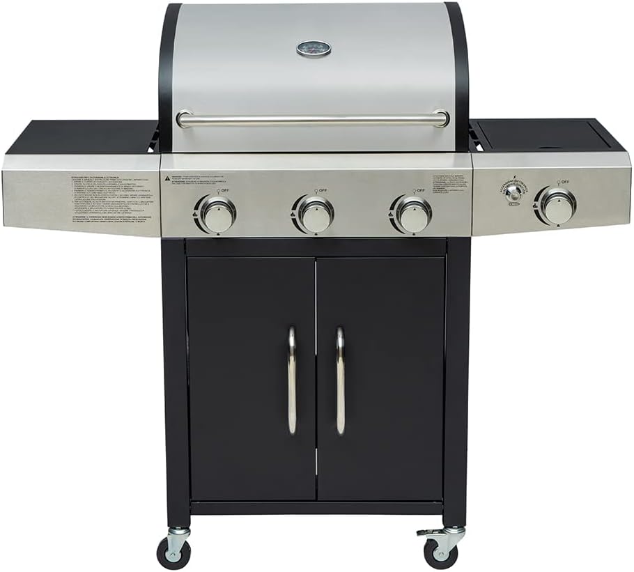 Arsard Barbecue a gas, Completo Di Bruciatore Laterale, Coperchio, Termometro, Griglia In Ghisa, Ruote E Struttura In Acciaio Inox