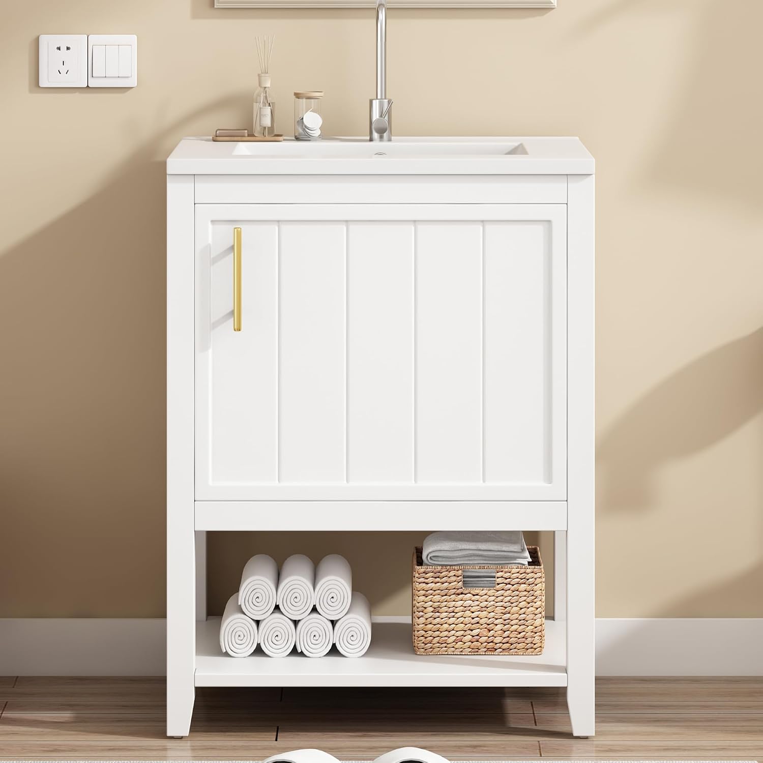 Mielvu Mobili a terra, Mobile da bagno singolo, con lavabo in ceramica, con ripiano (bianco)