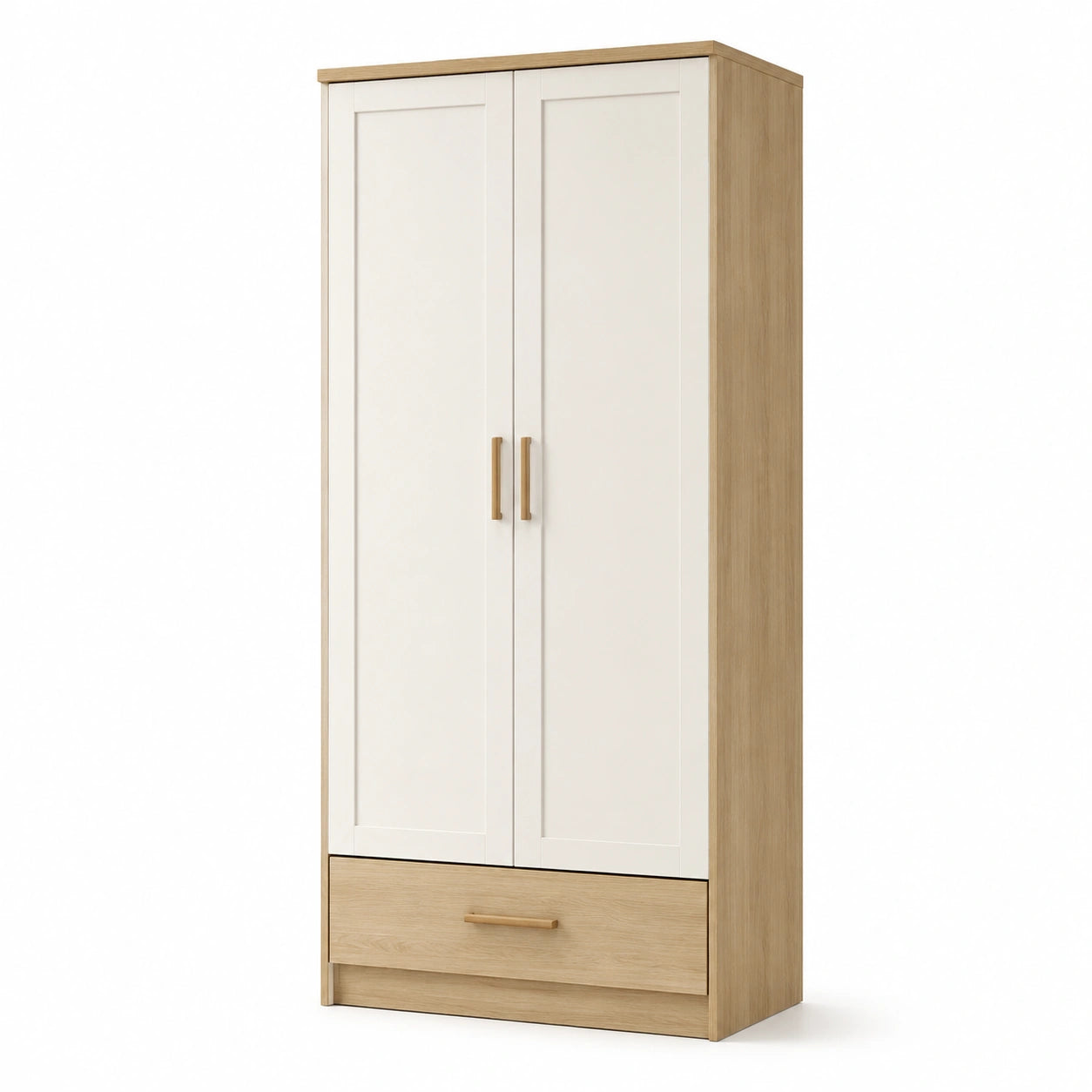 Armadio a due ante in legno e bianco con cassetto inferiore