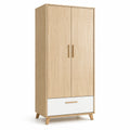 Armadio a due ante in legno con cassetto bianco