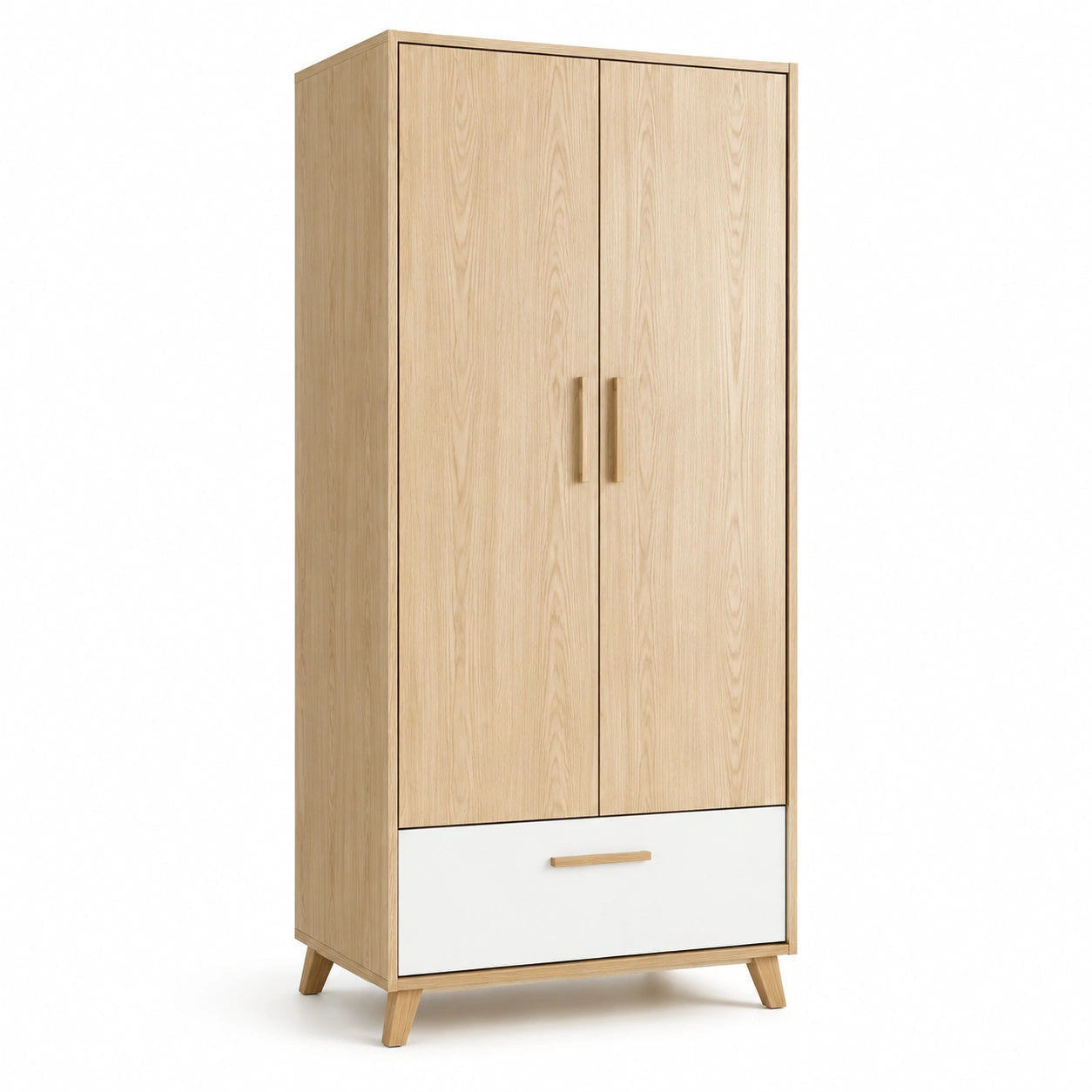 Armadio a due ante in legno con cassetto bianco