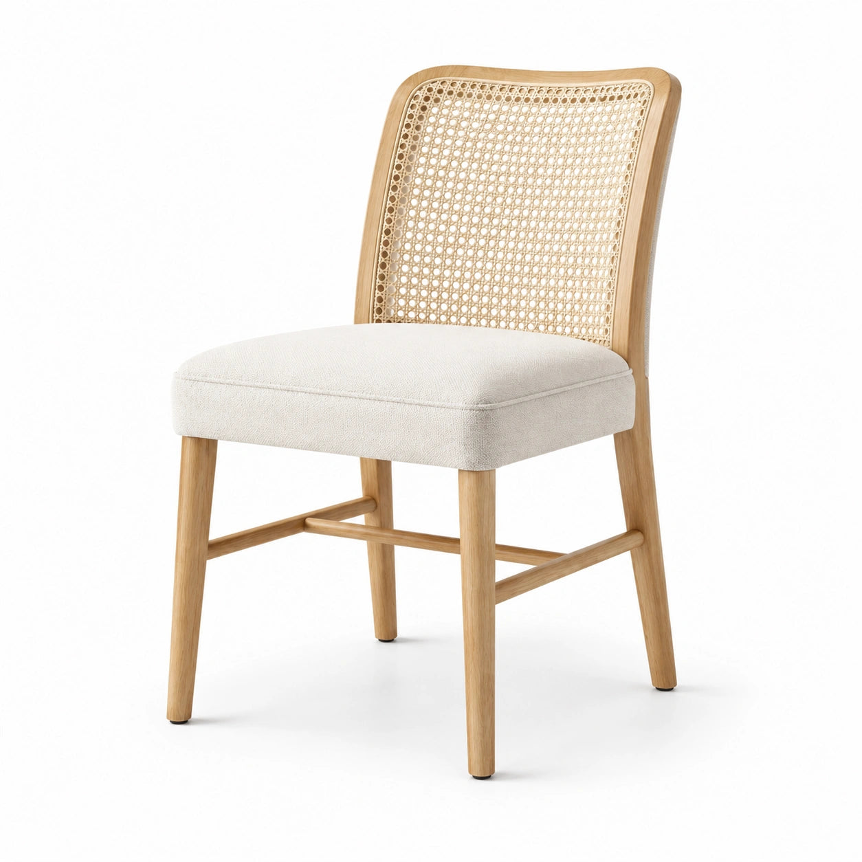 Sedia in legno di quercia con seduta in tessuto beige e schienale in rattan