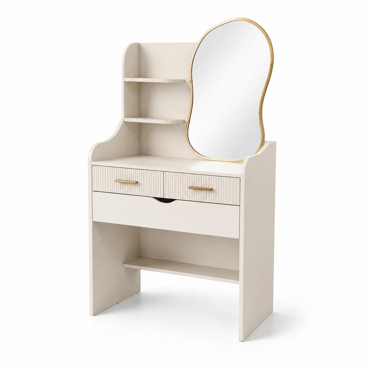Tocador in Legno MDF con Specchio Sagomato e Ripiani Color avorio