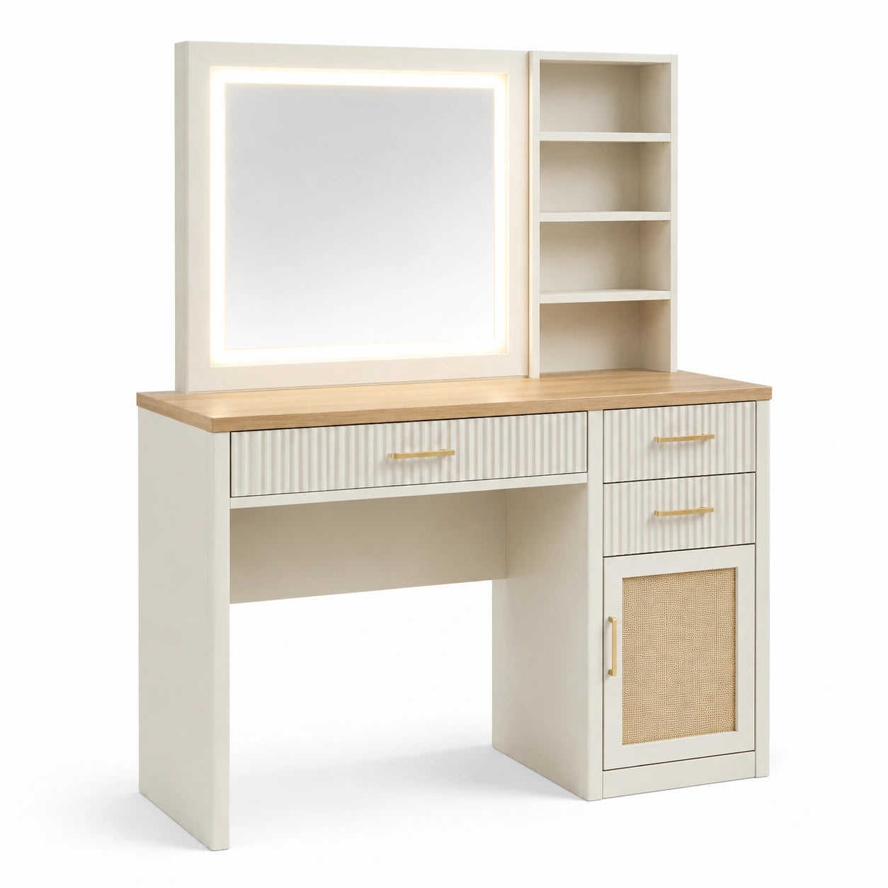 Tavolo Toeletta in Legno e MDF con Specchio LED e Ripiani Bianco Rovere