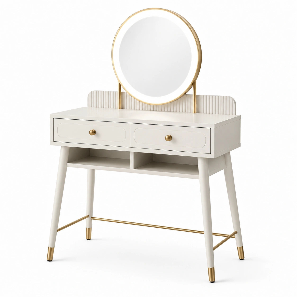 Toeletta con Specchio Rotondo in Legno e Metallo Bianco e Oro