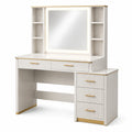Toeletta in legno con specchio illuminato e cassetti bianco e oro