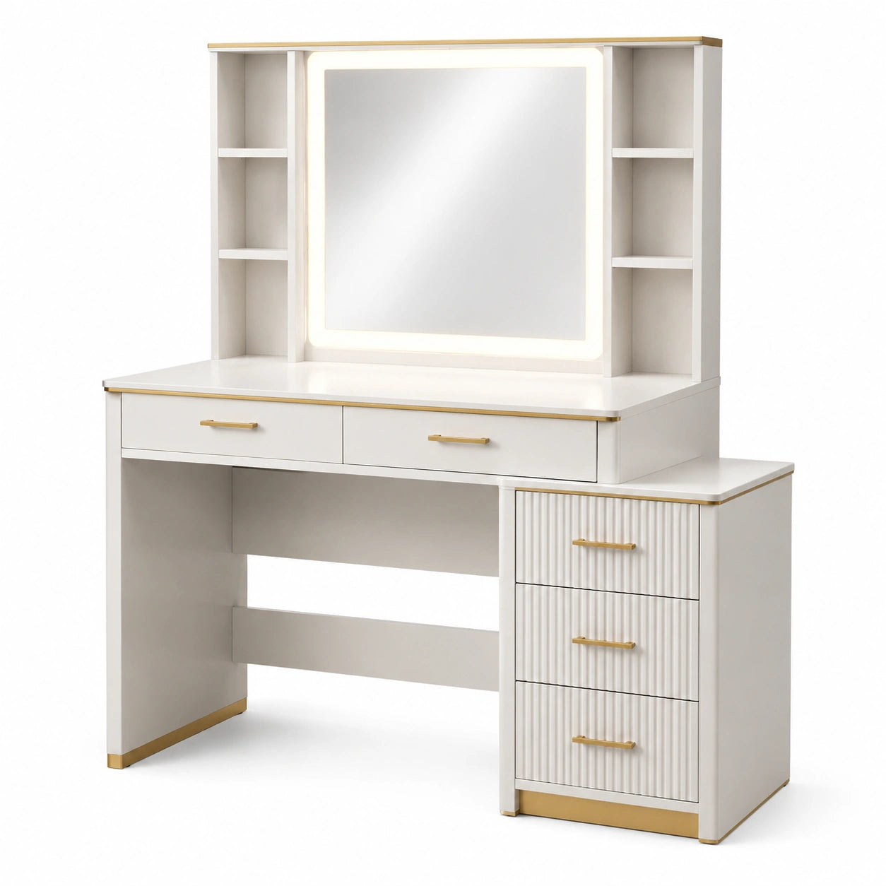 Toeletta in legno con specchio illuminato e cassetti bianco e oro