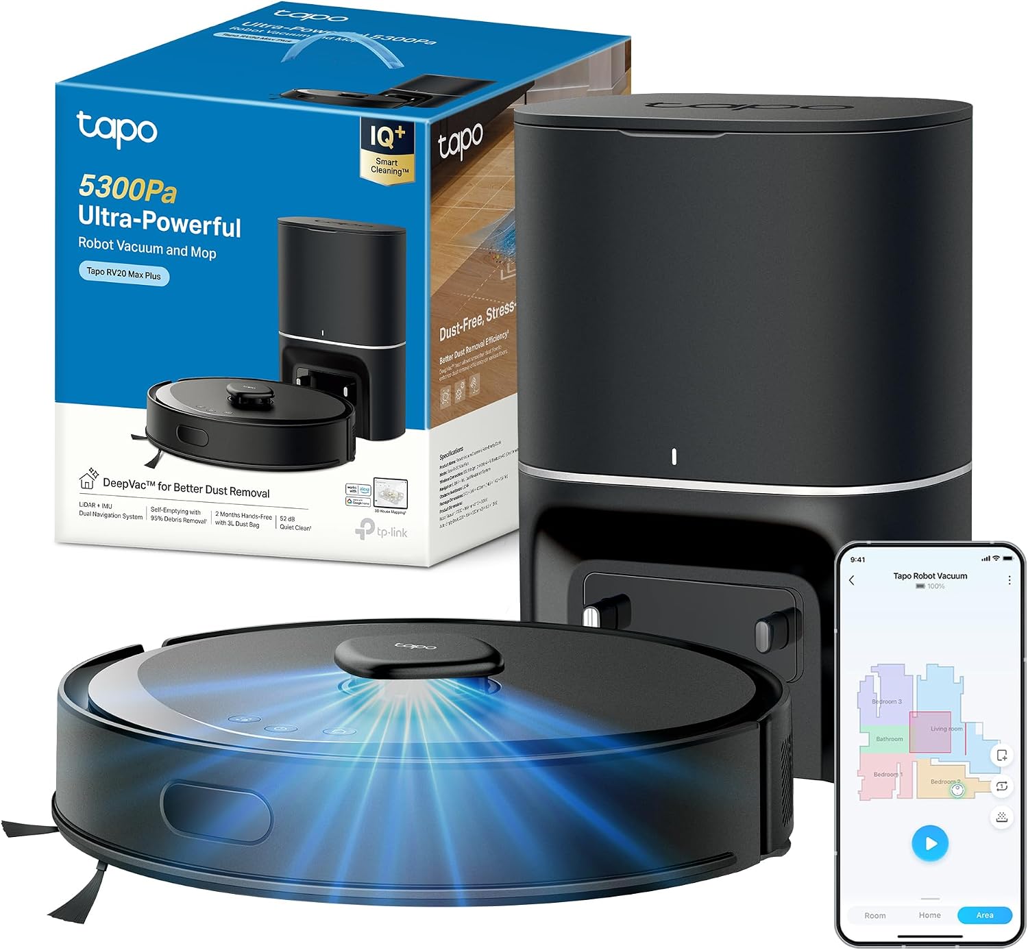 Tapo RV30 Robot aspirapolvere, Doppia Navigazione LiDAR +IMU, Max Plus Lavapavimenti con Mappatura 5300 Pa, Svuotamento Automatico Polvere 3 L