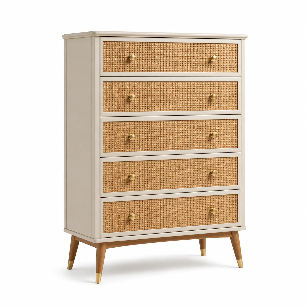 Cassettiera alta con 5 cassetti in legno e rattan