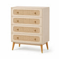 Cassettiera con 4 cassetti in legno e vimini beige