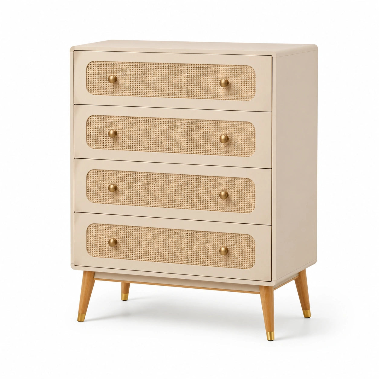 Cassettiera con 4 cassetti in legno e vimini beige