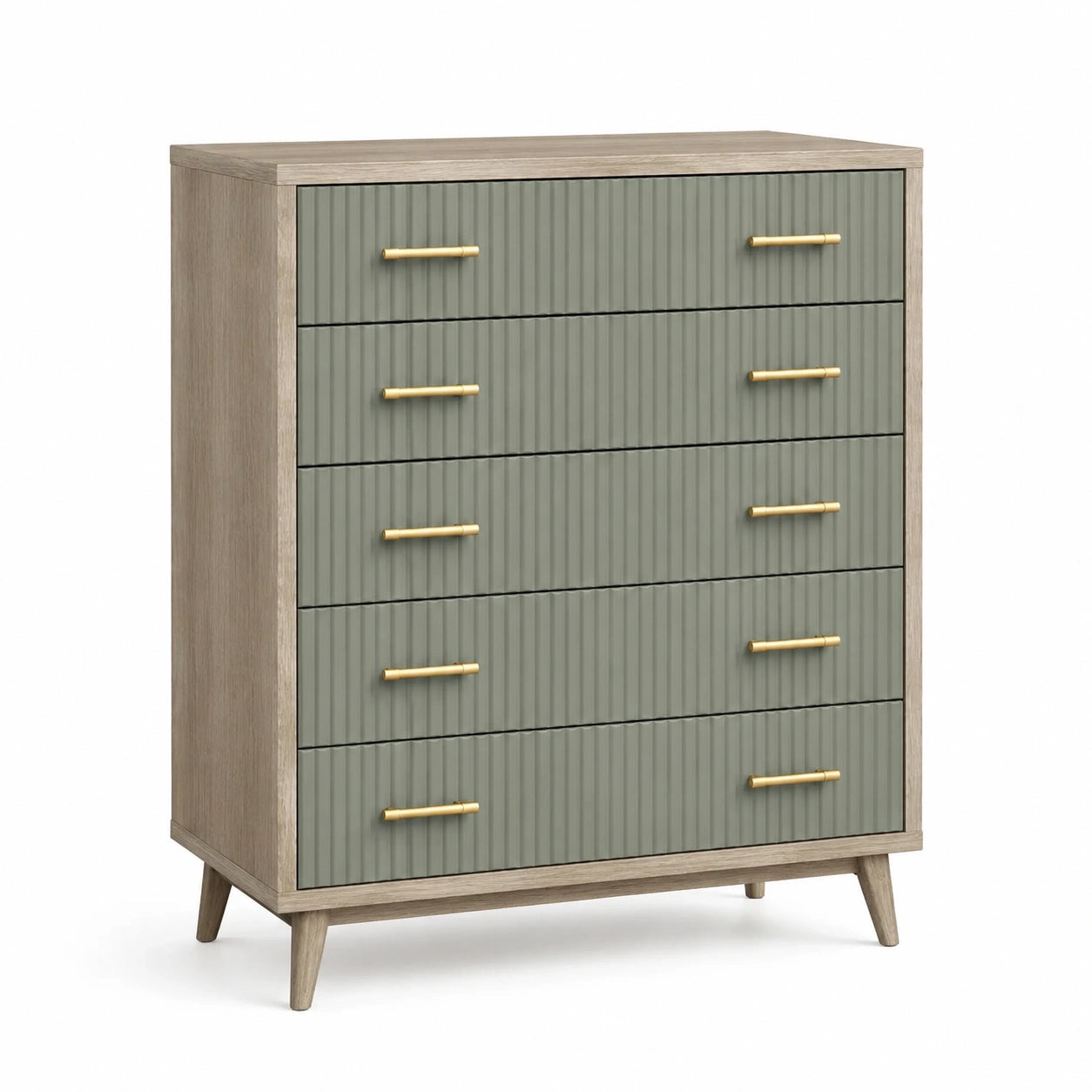 Cassettiera in legno con frontali verdi e maniglie dorate, 5 cassetti