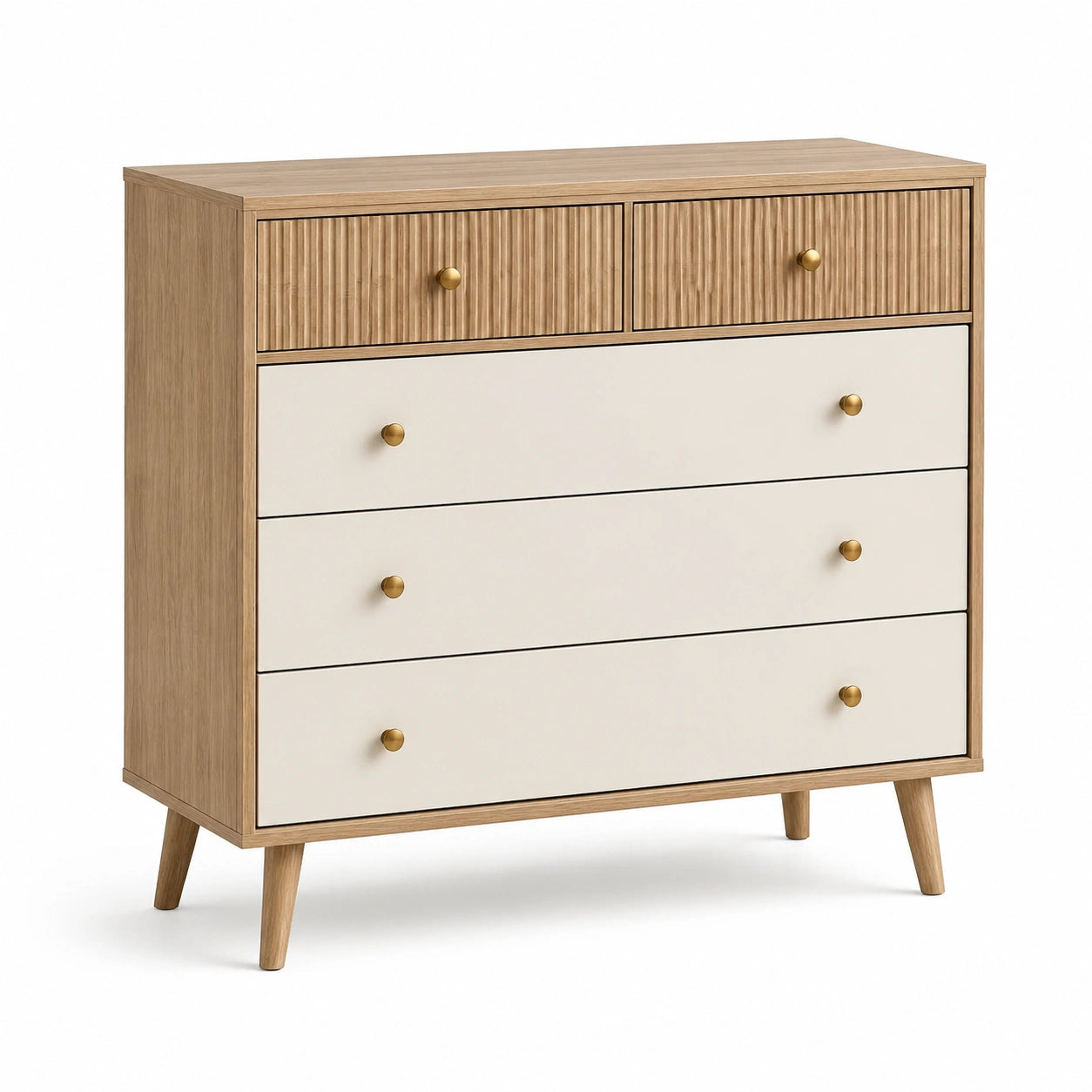 Cassettiera a 5 cassetti in legno e MDF bianco con pomelli in metallo