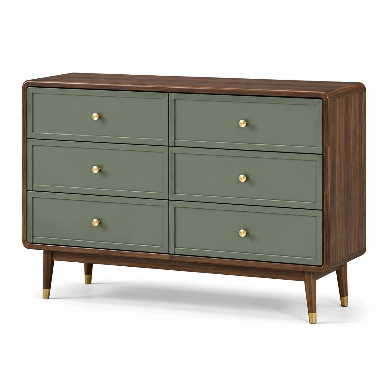 Cassettiera a 6 cassetti in legno di noce e MDF verde