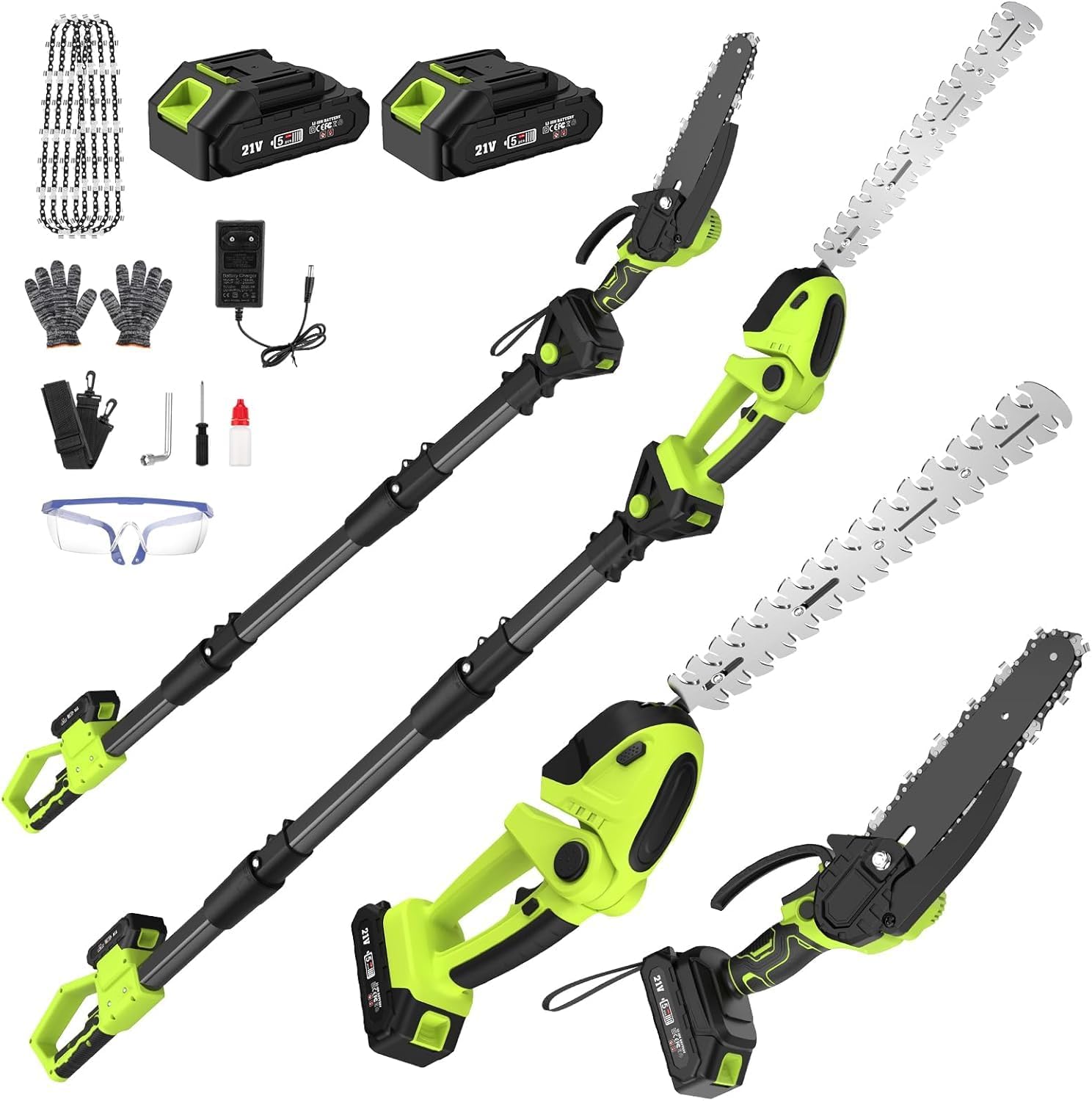 Tagliasiepi, 2 * 4000 mAh Batterie Ricaricabili per Tagliare Giardini, 4* Catene 6', Motosega e con Asta Telescopica, Arbusti, Rami, finade