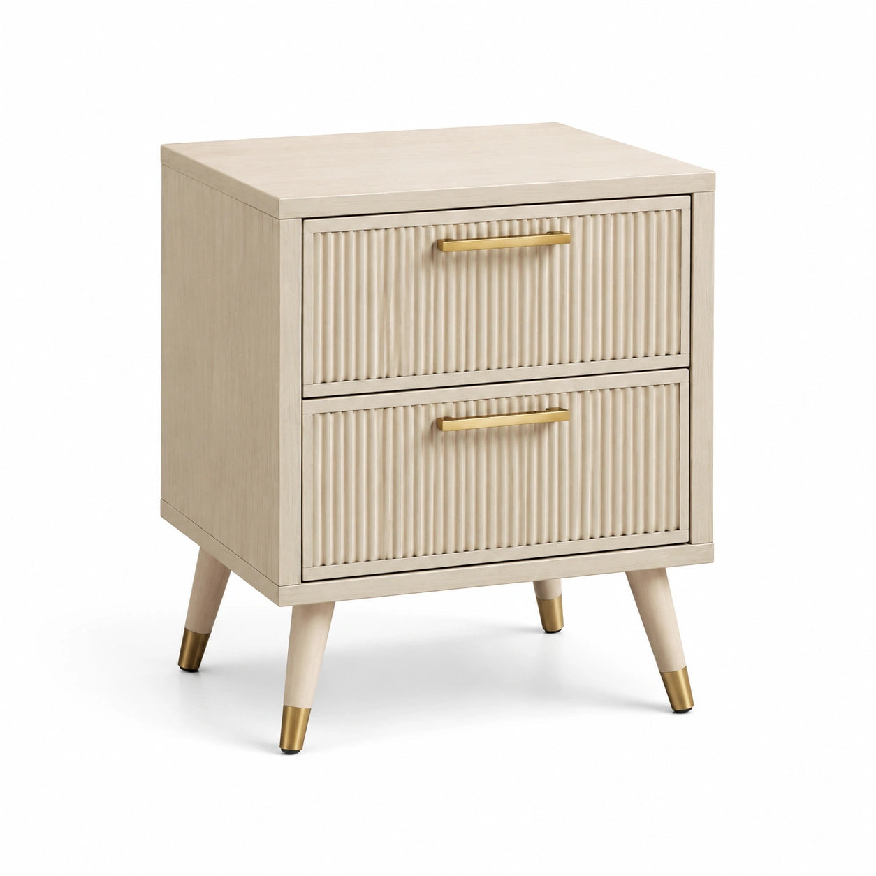 Comodino in legno beige con maniglie in metallo dorato