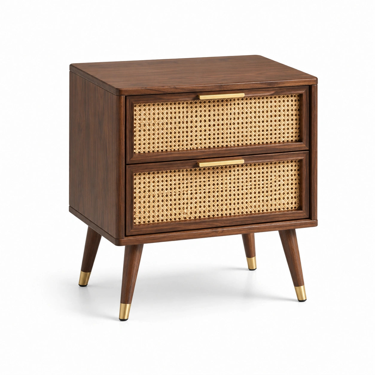 Comodino legno e rattan marrone con dettagli in metallo