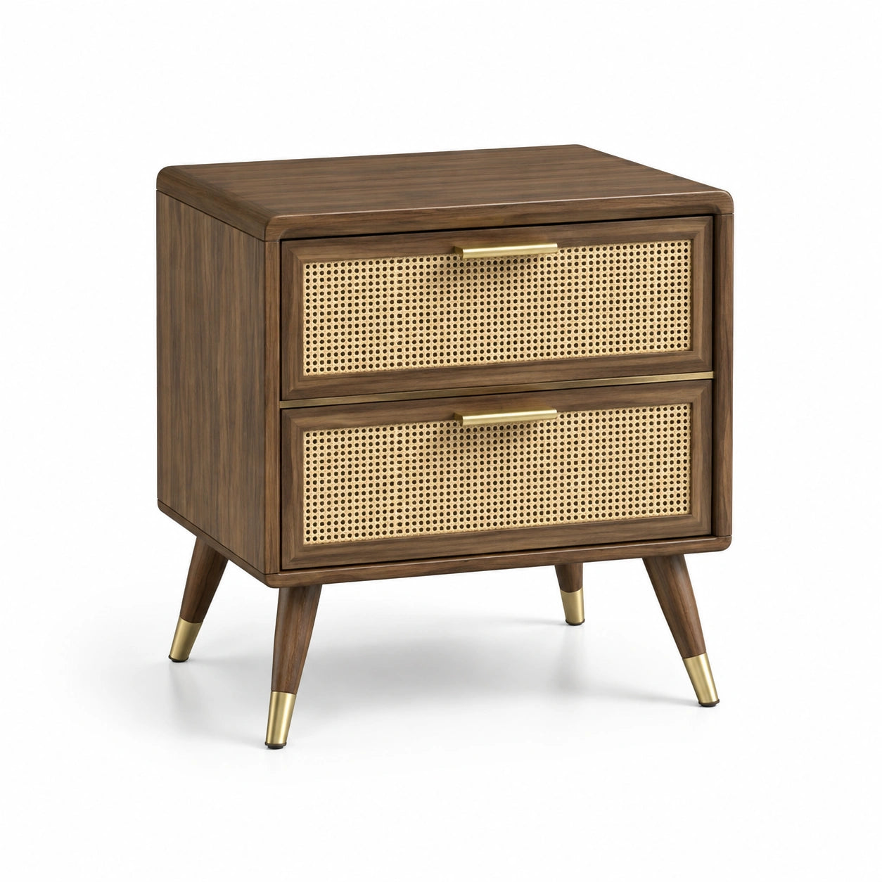 Comodino in Legno con Fronte in Rattan e Due Cassetti