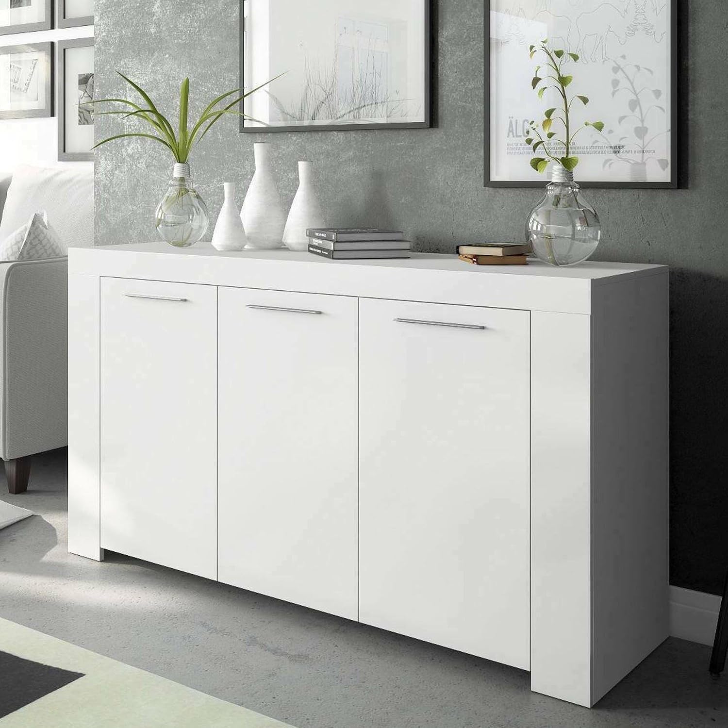 Credenza, Madia per salotto, Bianco, Armadio moderno a 3 ante, 144x42h80 cm, Bellevue, Buffet da soggiorno, Mobile porta TV, Dmora