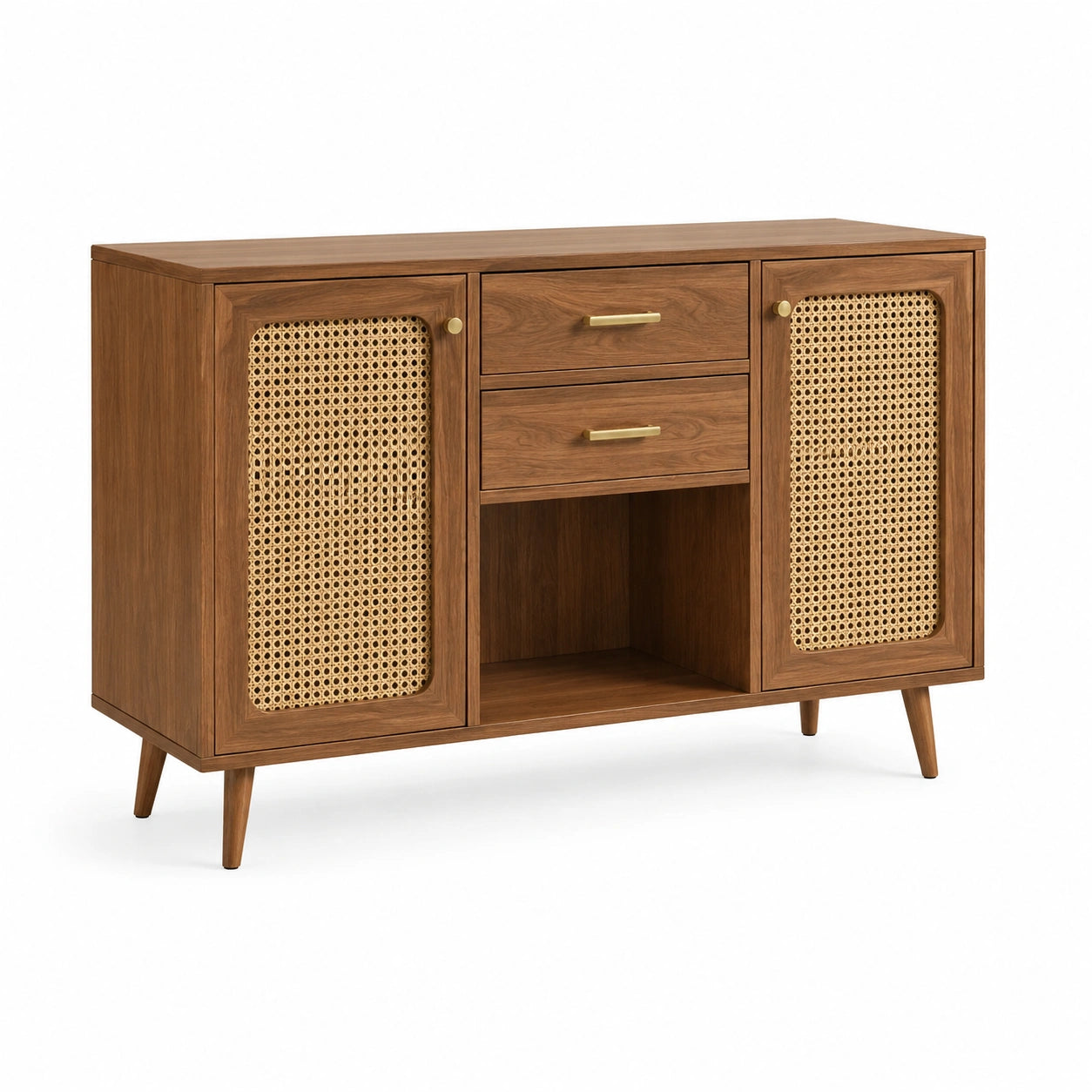 Credenza in legno e rattan con ante e cassetti