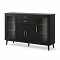 Credenza nera in legno con porte in vetro temperato e dettagli in ottone