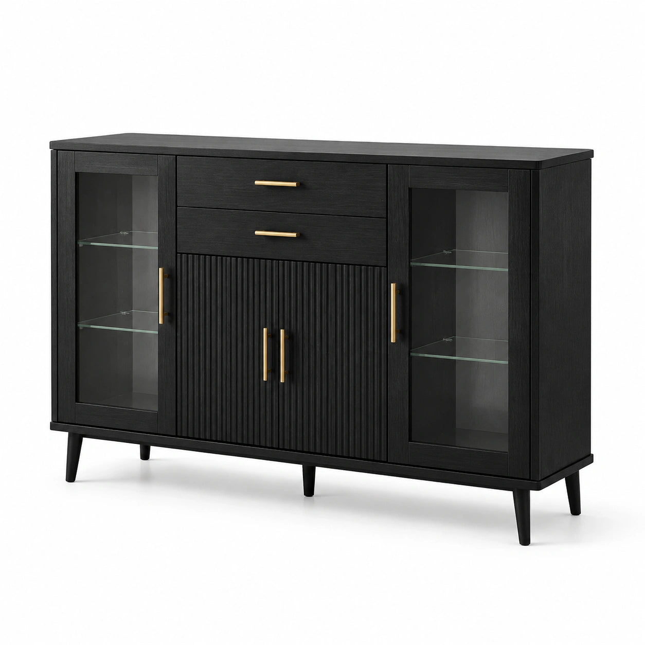Credenza nera in legno con porte in vetro temperato e dettagli in ottone