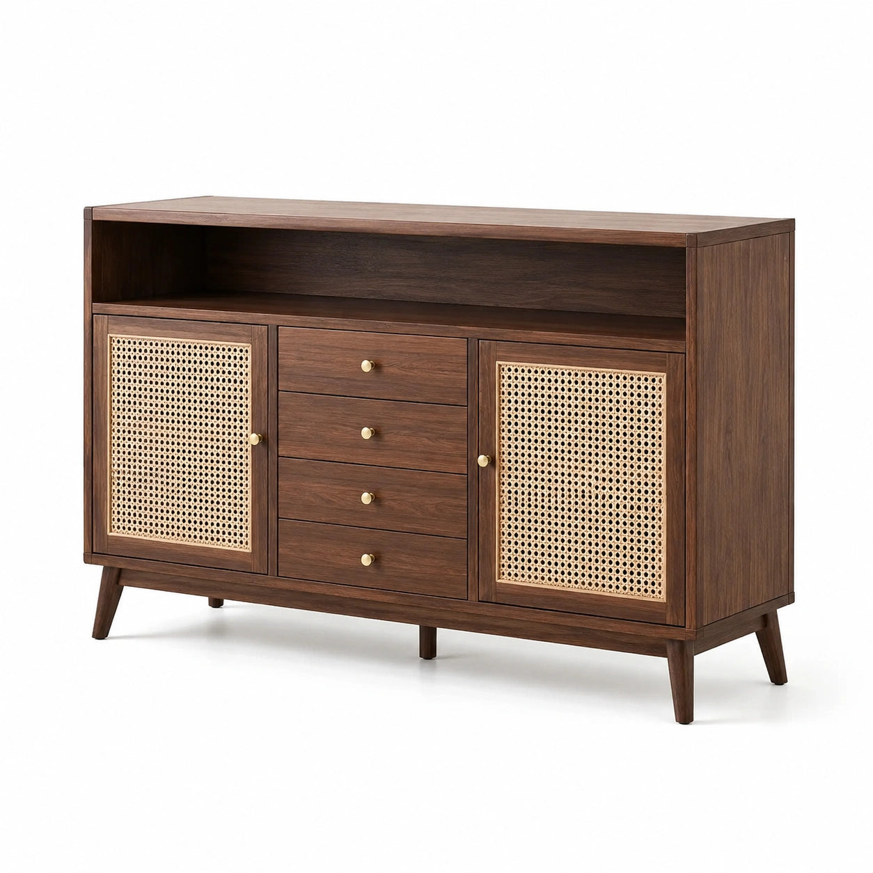 Credenza in legno massello con porte in vimini