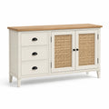 Credenza in legno bianco con cassetti e ante in rattan