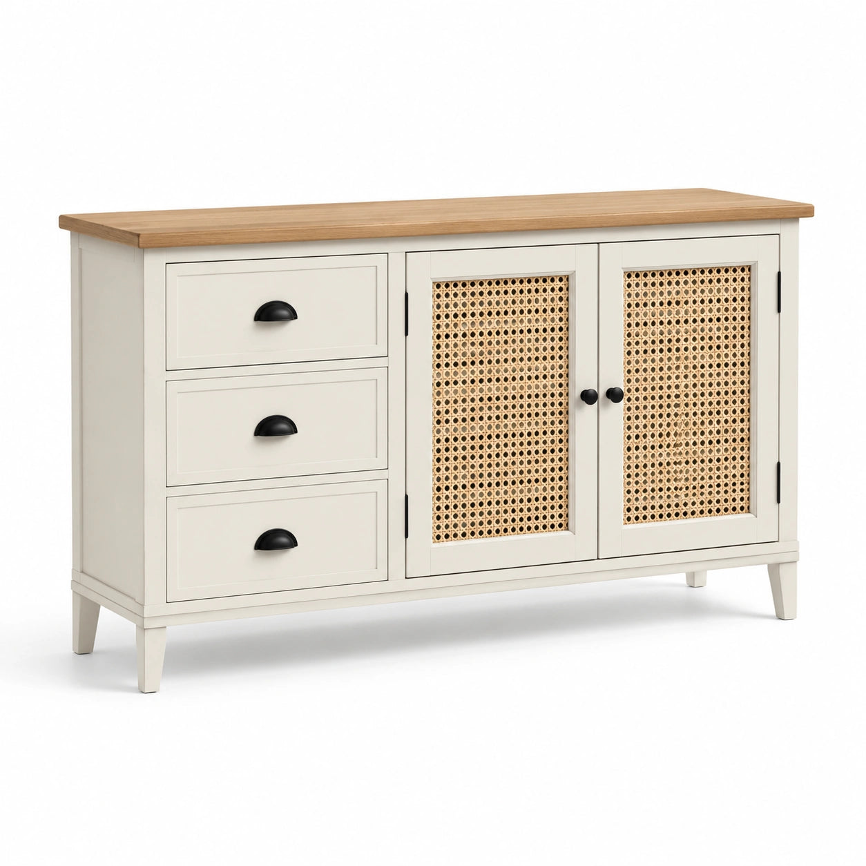 Credenza in legno bianco con cassetti e ante in rattan