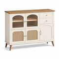 Credenza in legno bianco e naturale con rattan