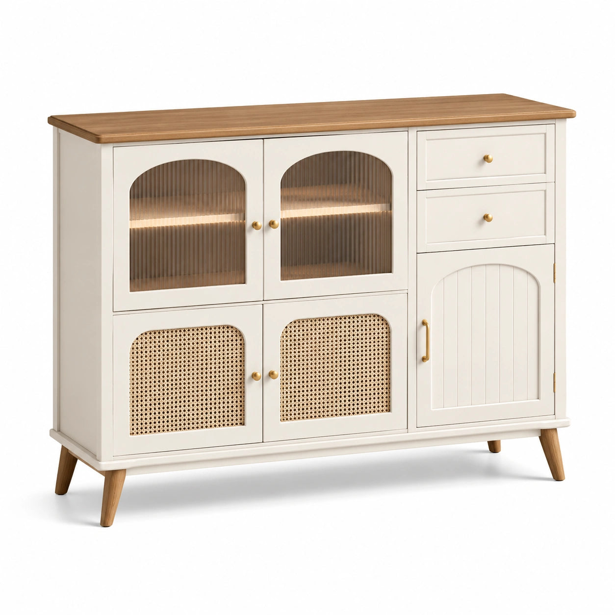 Credenza in legno bianco e naturale con rattan