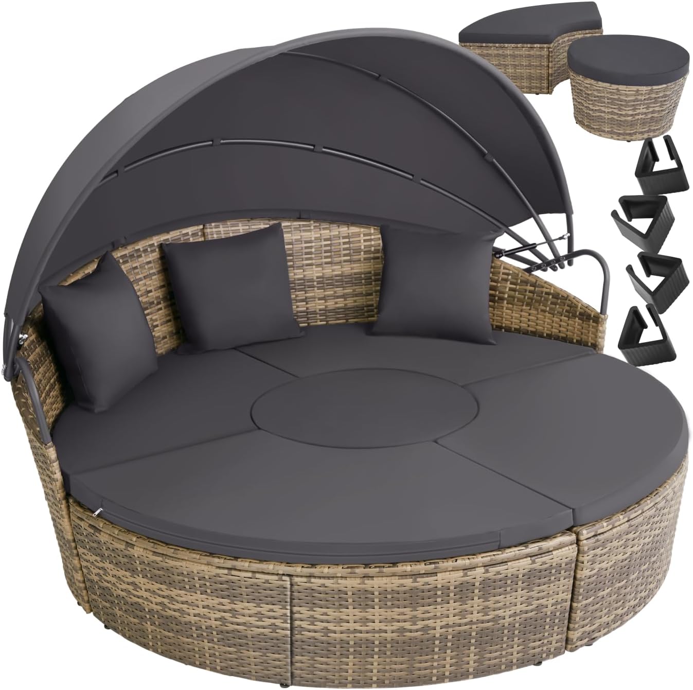 tectake Lettino prendisole, ® Isola Prendisole in Rattan, Isola Divano da Esterno con Tettuccio Parasole Pieghevole, per Giardino - Naturale
