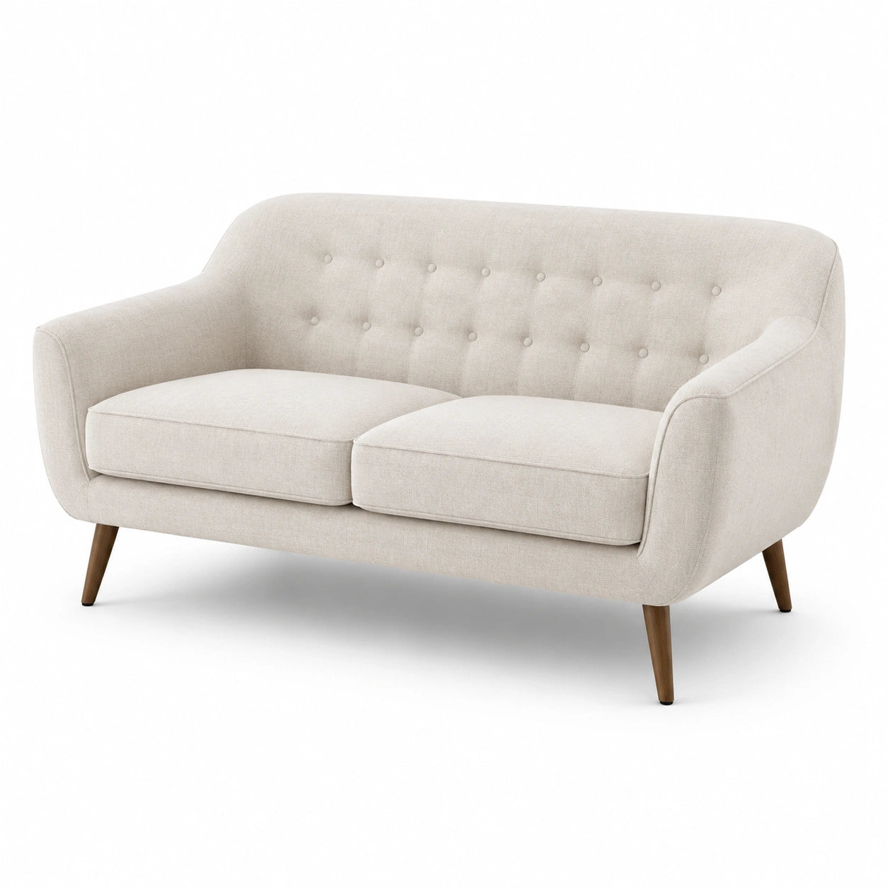 Divano in tessuto beige a due posti con struttura in legno