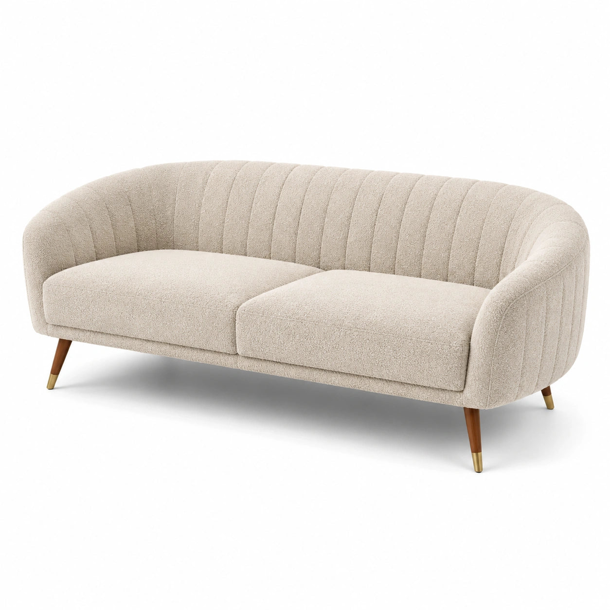 Divano 3 posti curvo beige con rivestimento in tessuto bouclé e gambe in legno