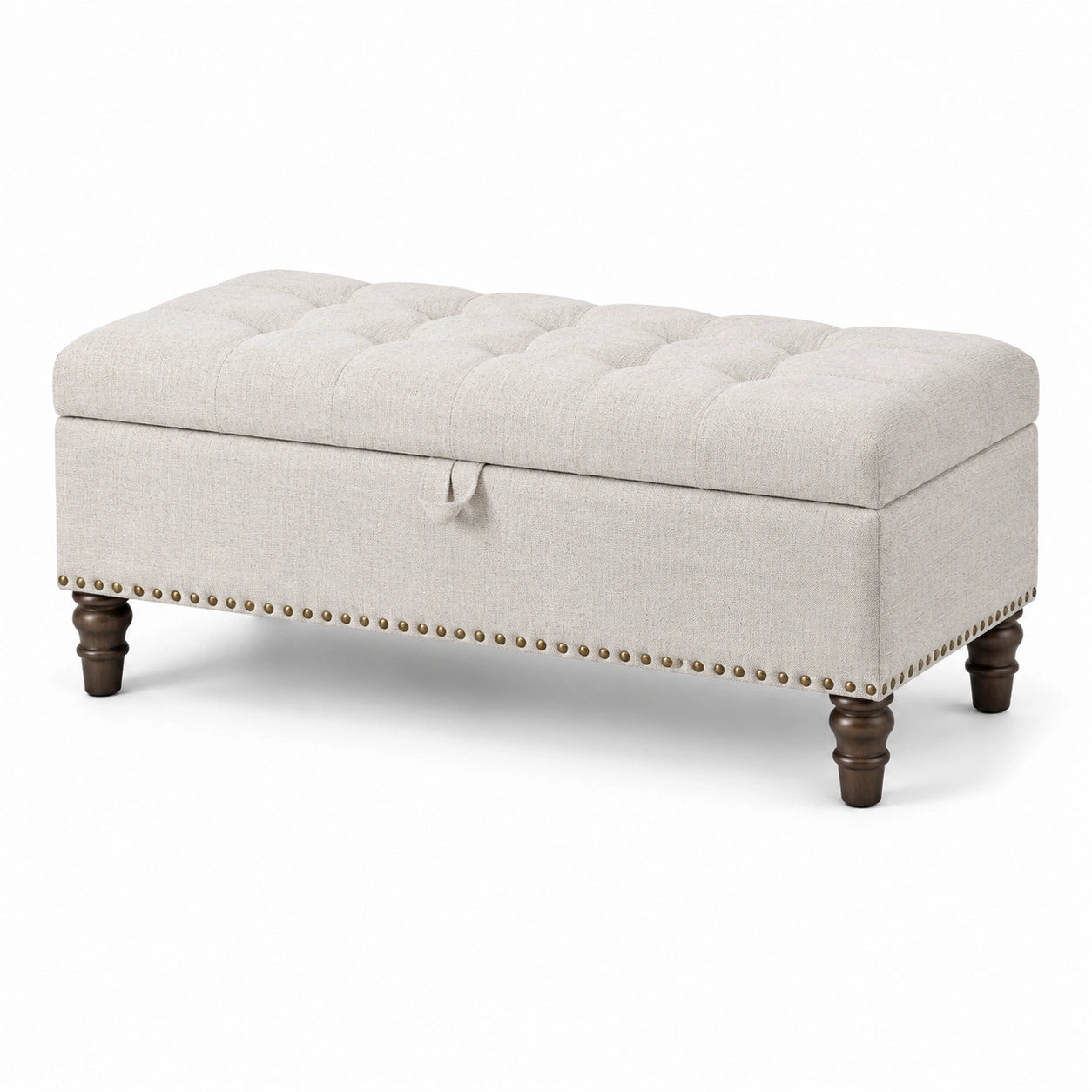 Panca con contenitore in tessuto beige con gambe in legno
