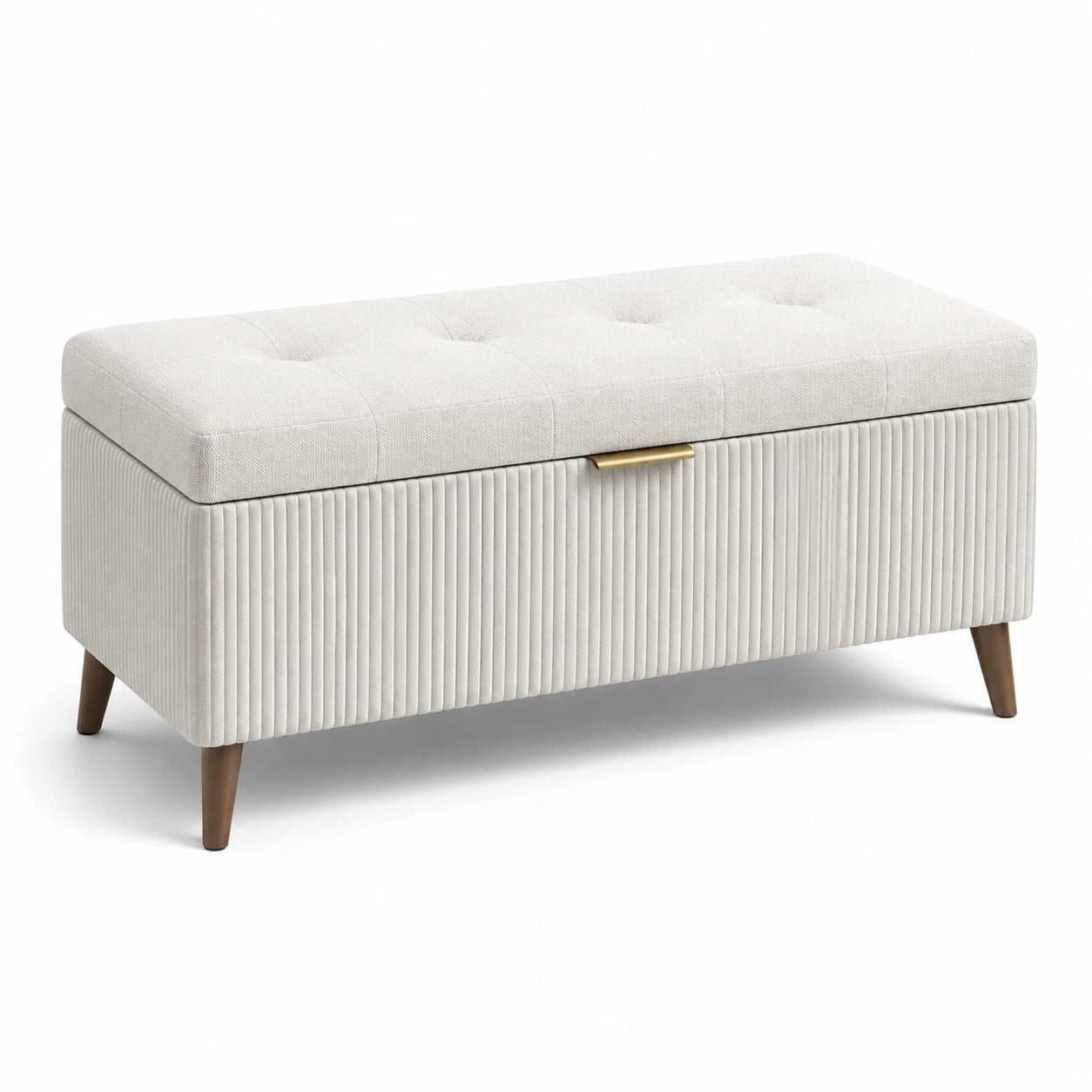 Panca contenitore in tessuto beige con gambe in legno