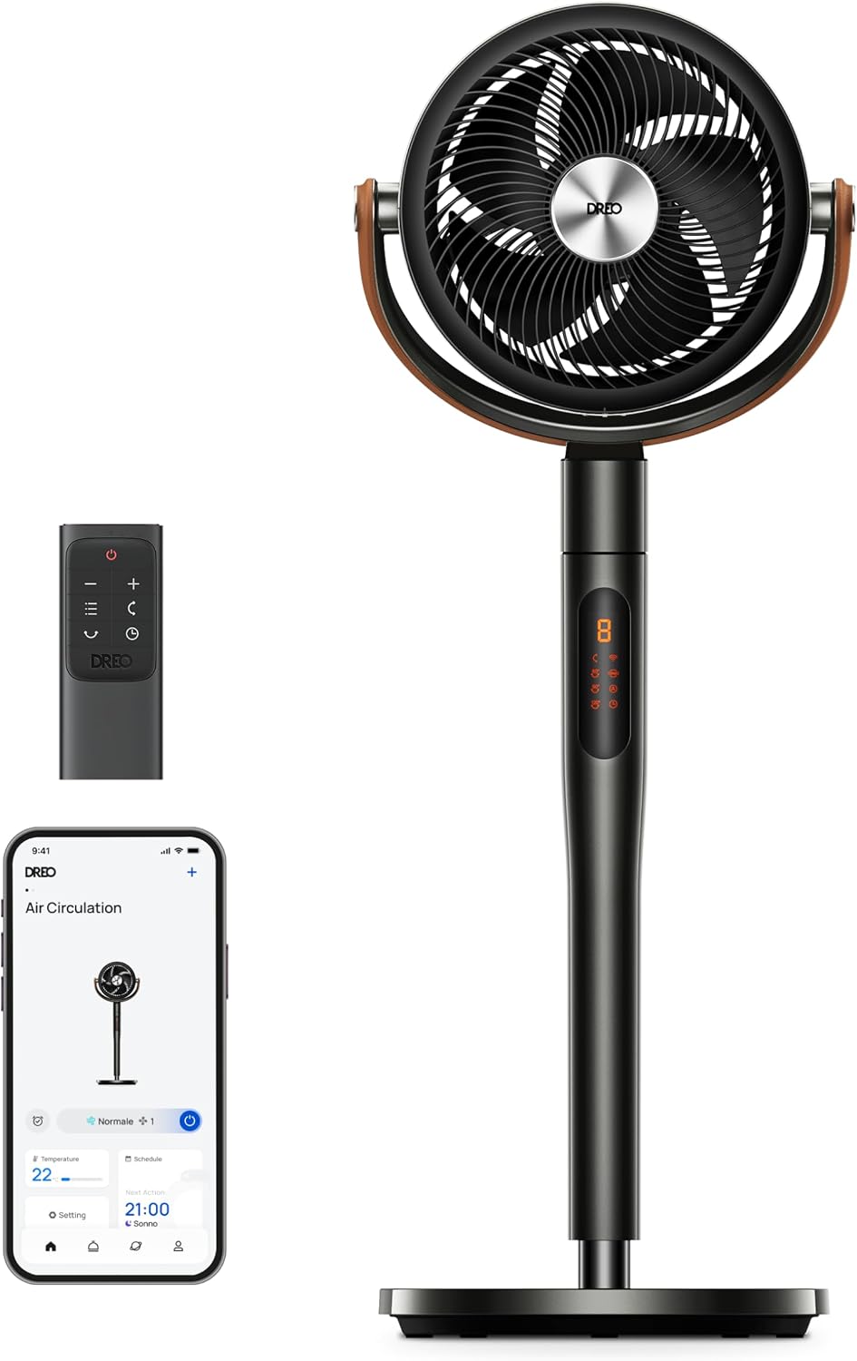 DREO 30M Ventilatori a piantana, Portata, Compatibile con Alexa, Smart Ventilatore Silenzioso 25 dB, Oscillazione a 120°+105°, 8 Velocità, 6 Modalità