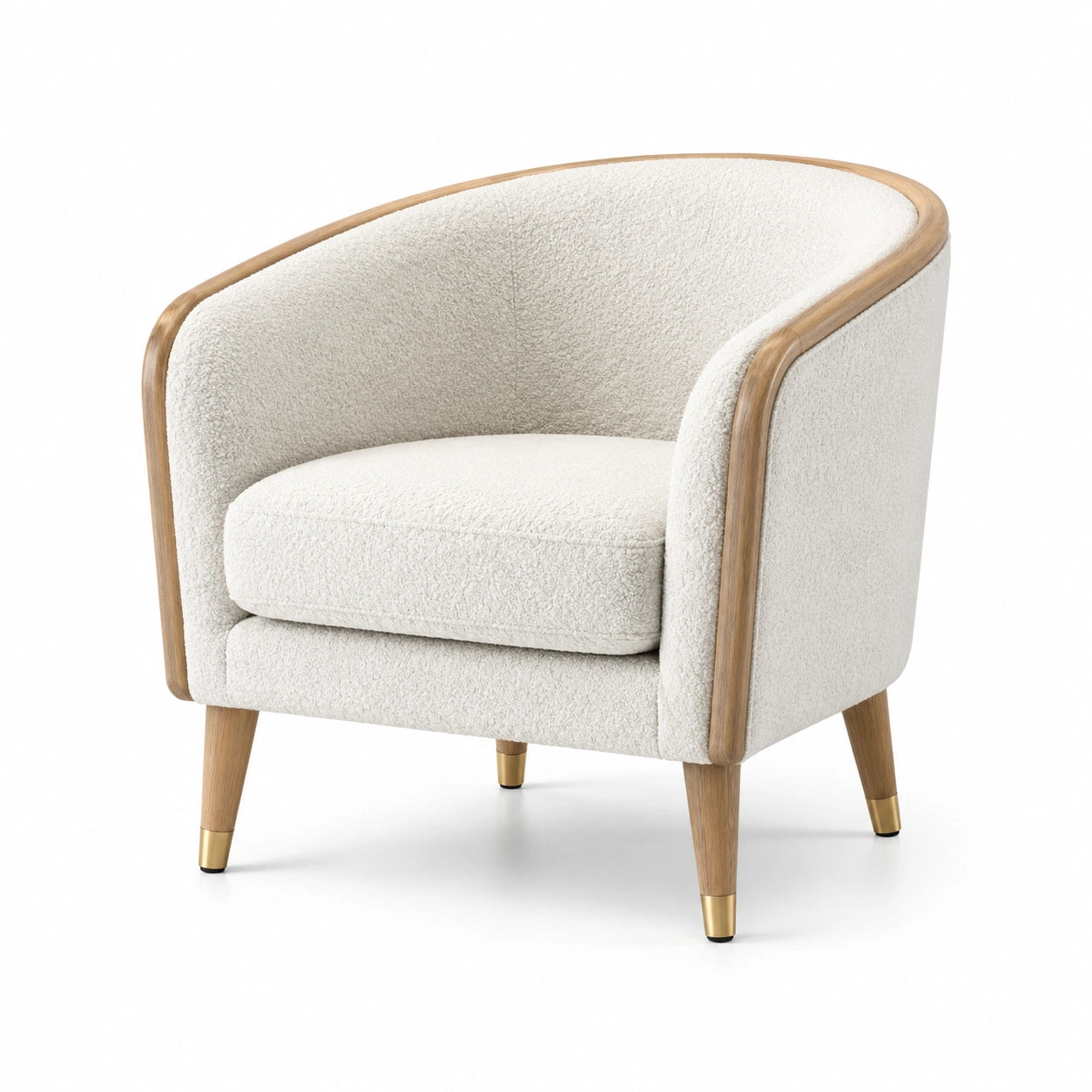 Poltrona in legno e tessuto bouclé bianco con gambe in metallo