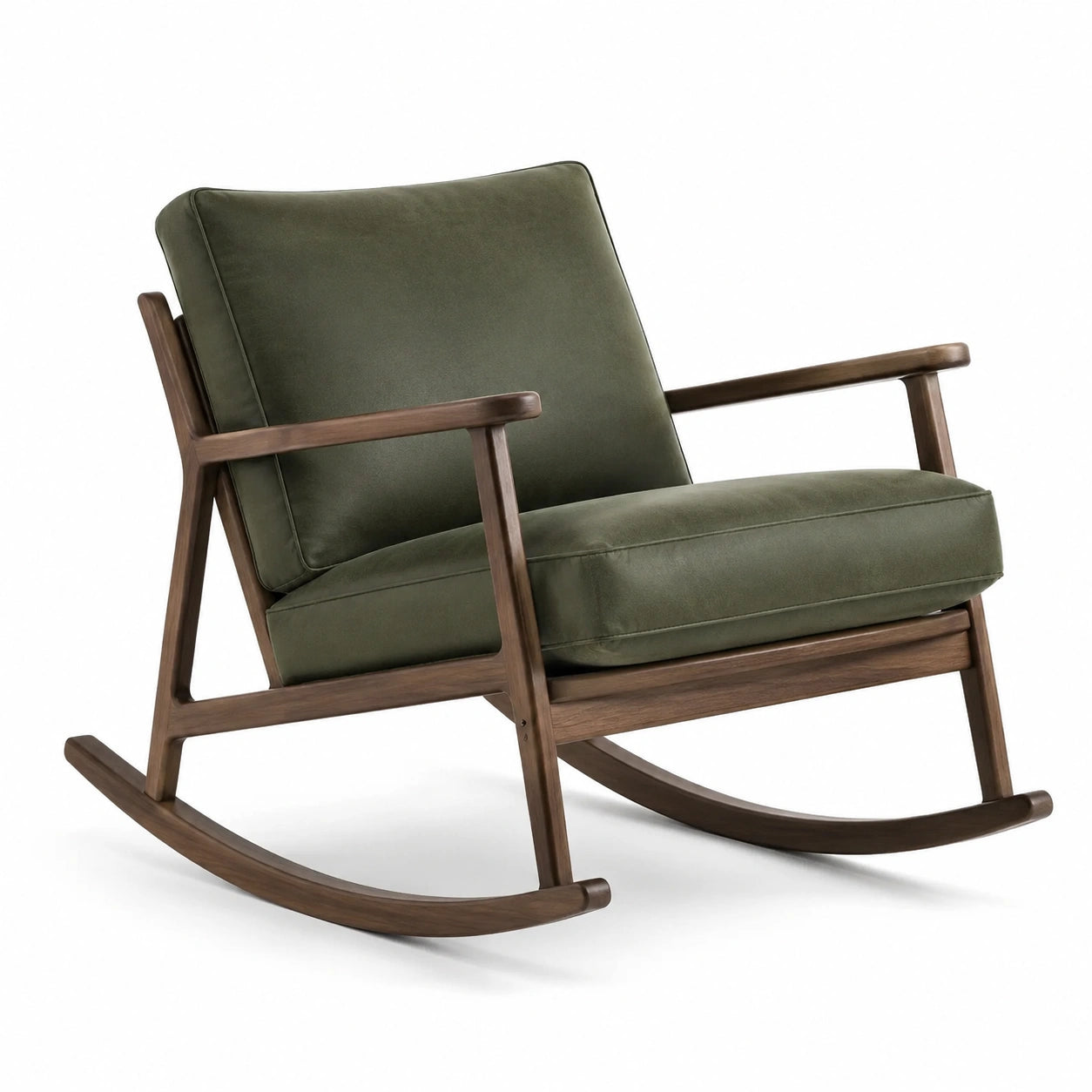 Sedia a dondolo in legno con cuscini in microfibra verde