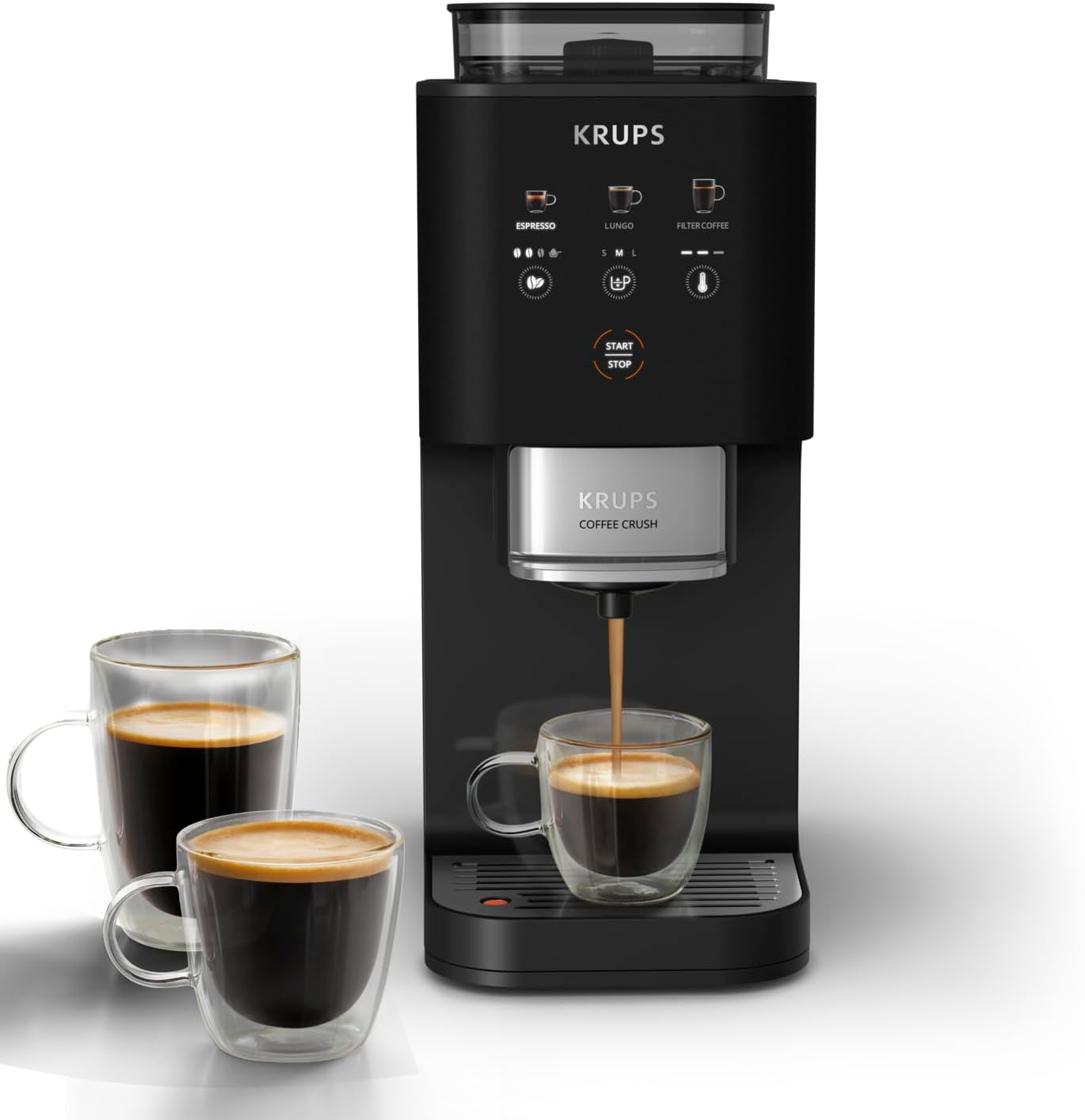 KRUPS SA4028 Macchina da caffè, Coffee Crush Extra, Automatica, Super Compatta, Ingombro Minimo, Intensità, Lunghezza e Temperatura Regolabili, Nero