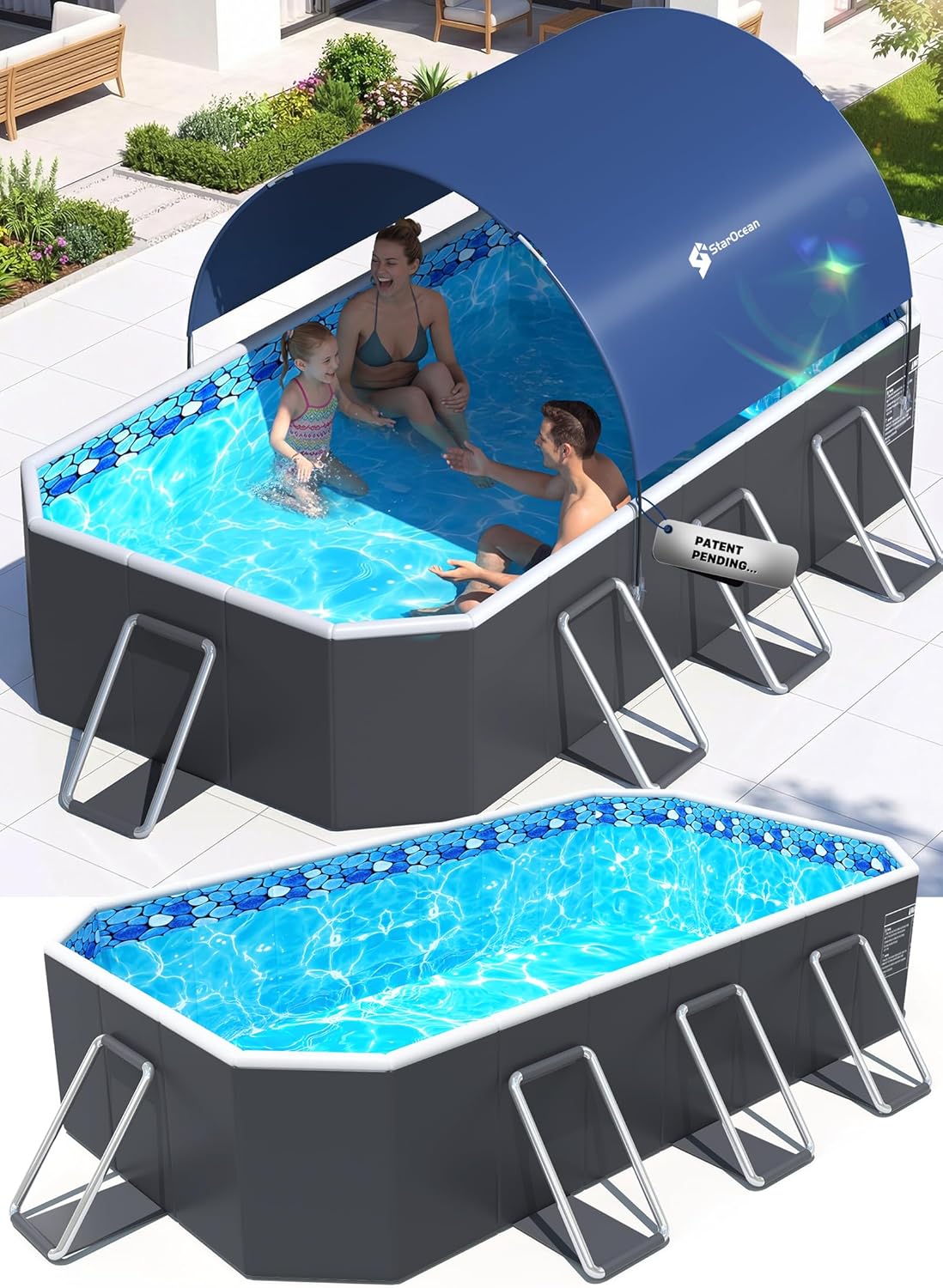 Piscina fuori terra, grande piscina pieghevole per bambini con ombra, grande piscina pieghevole per adulti, piscina non gonfiabile, StarOcean