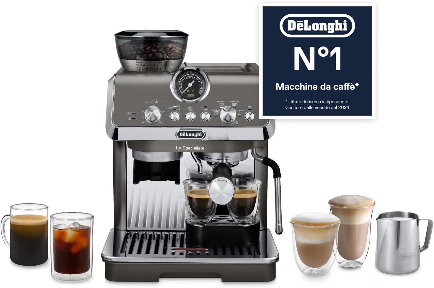 Macchina da caffè automatica, Montalatte Manuale My Latte Art, Controllo Temperatura, Titanio, Incluso Kit da Barista, De'Longhi EC9255