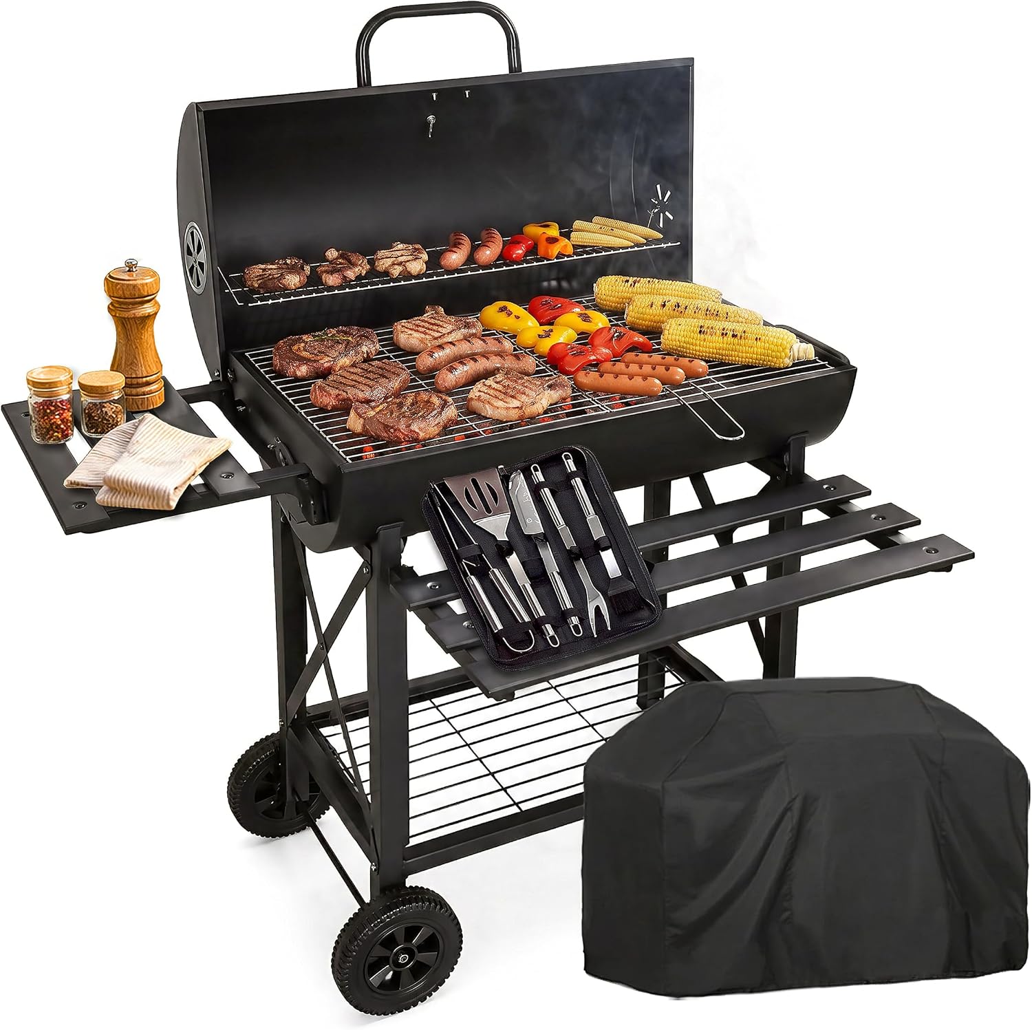 RMF PRO Barbecue a carbone, Ripiani Laterali Pieghevoli, Cassetto Raccogli-Cenere, Carrello in Acciaio Resistente con Ruote