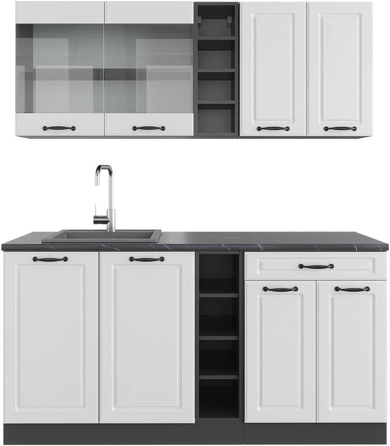 Vicco Moduli componibili, antracite, Cucina completa R-Line, adatto per l'espansione individuale con moduli aggiuntivi, Bianco rustico