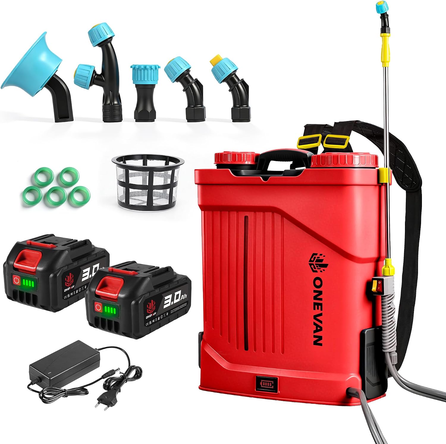 ONEVAN Pompe spruzzatrici, Funzione Agitatore, Agricoltura, Trattamento Piante, Pompa a Spalla Elettrica 20 L, 2x3,0 Ah, Irroratrice a Batteria