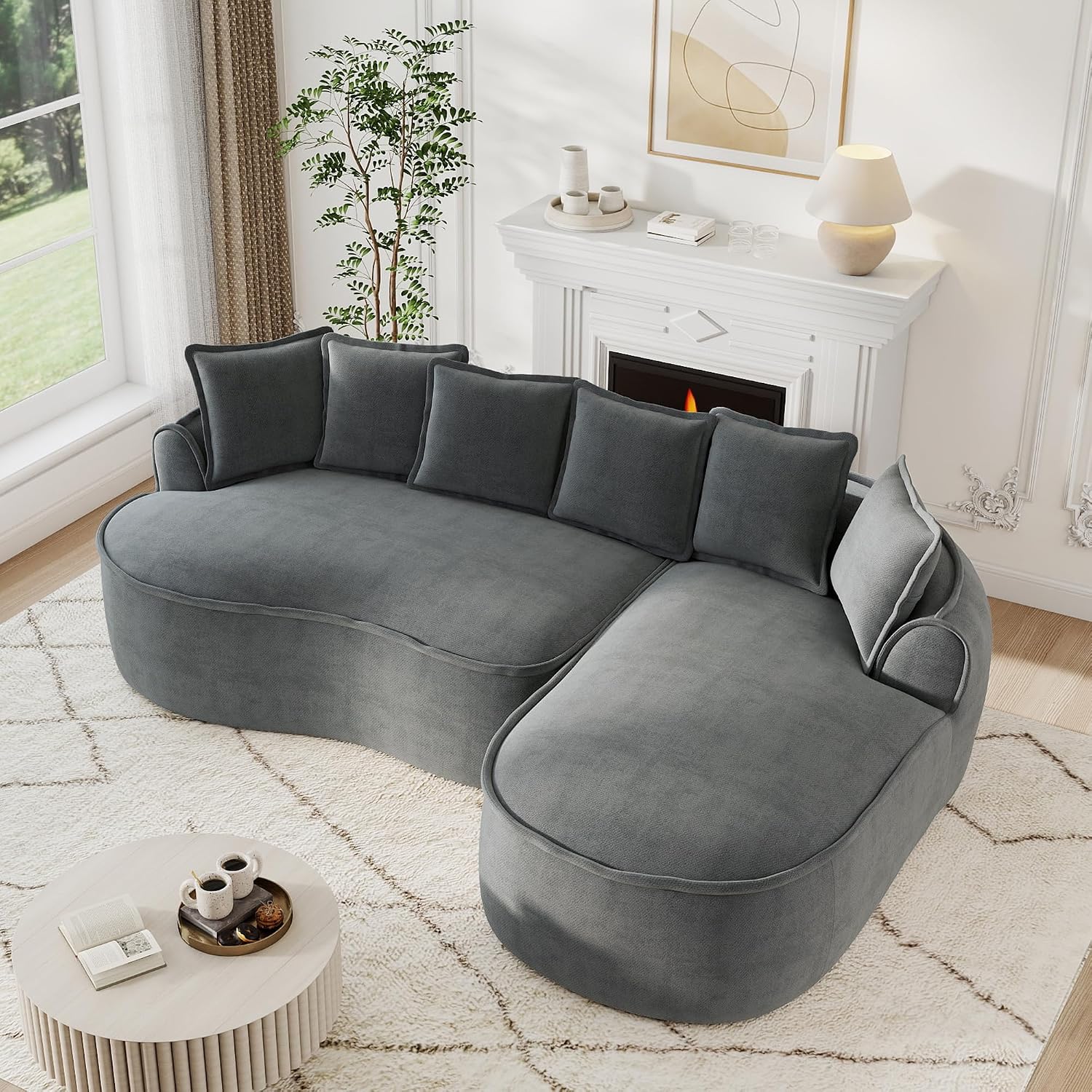 Divano, per il soggiorno, a forma di L, in chenille con seduta extra profonda, chaise longue, curvo, grigio, angolare modulare senza cornice, Bladez