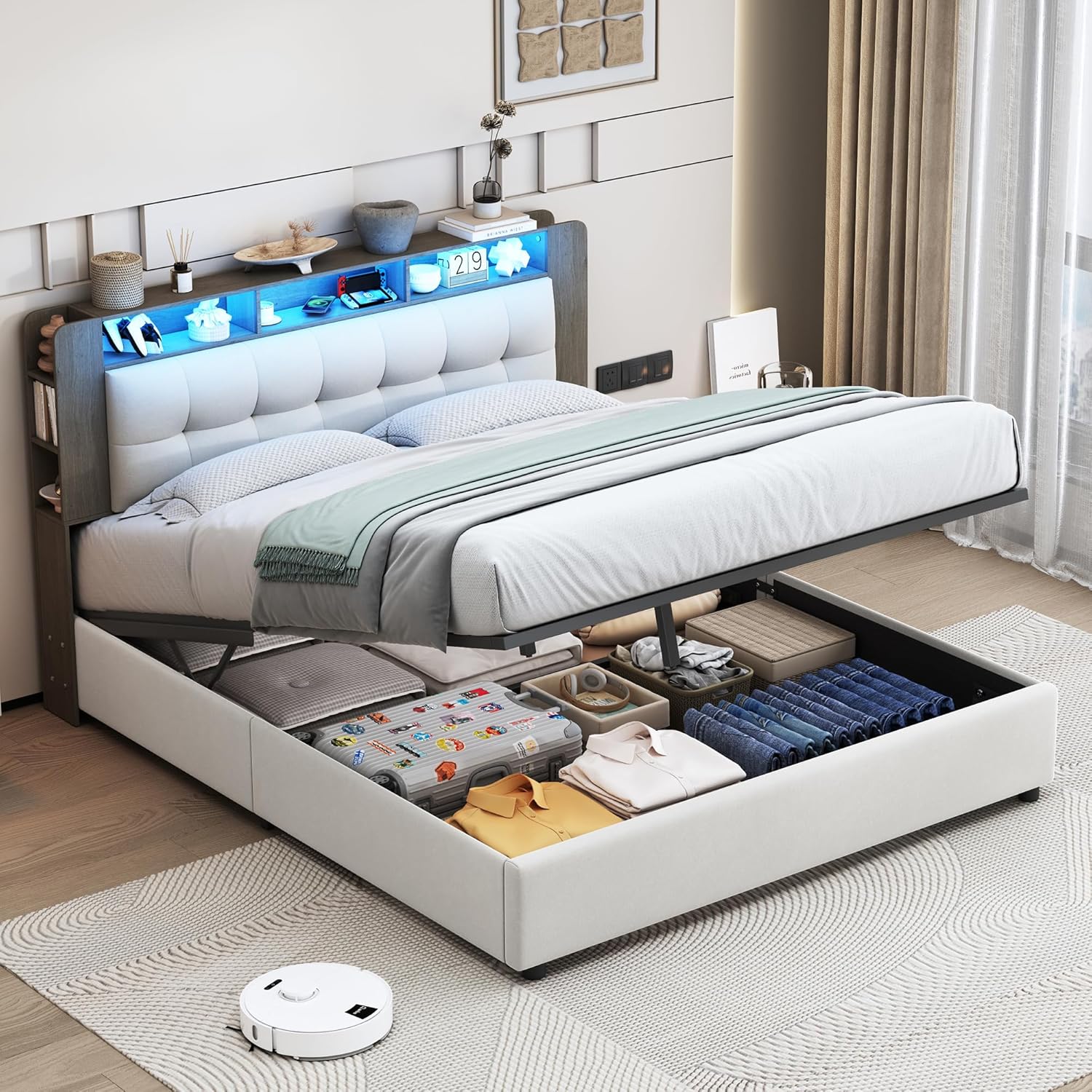 Strutture letto, Letto Matrimoniale 160x200 cm Imbottito con Contenitore, Sistema di Sollevamento a Gas, LED, Tessuto in Velluto Beige chiaro, BSMGSGN