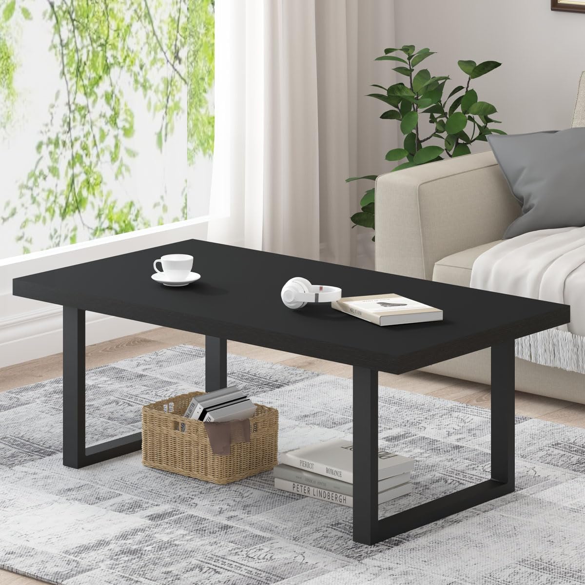 IBF Tavolini da caffè, ufficio, per casa, Tavolino da caffè moderno nero, minimalista industriale in legno, tavolino da cocktail in legno e metallo