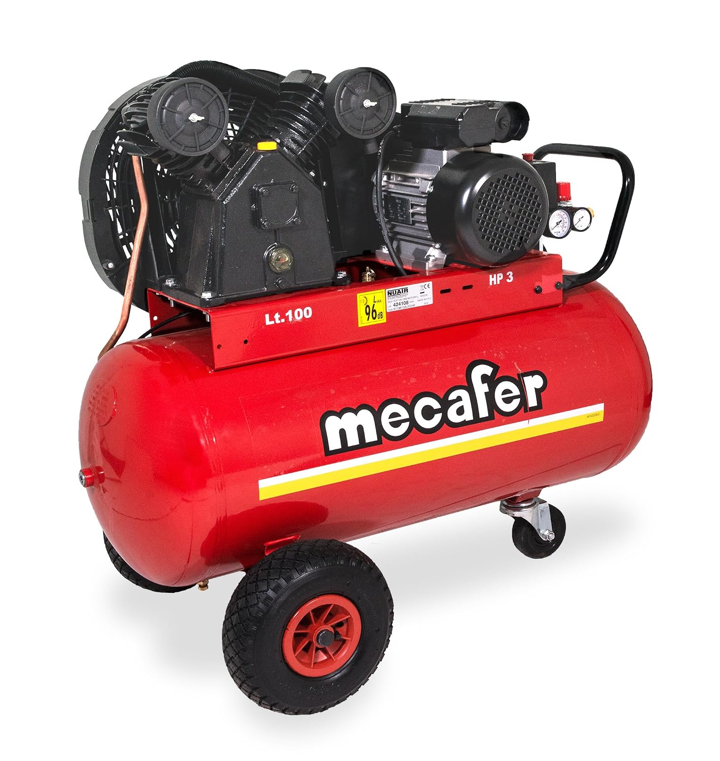 Compressori d'aria, 425316 - Compressore da 100 litri, 3 hp, con cilindri a V in ghisa, Mecafer