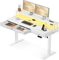Scrivanie, Scrivania Regolabile in Altezza con Cassetti, Bianco, Scrivania Gaming con Prese e Luce LED, Standing Desk, OffiGo